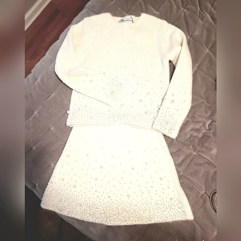 Stunning Ivory Sweater Set with Pearl Embellishment Zara NWT size M
